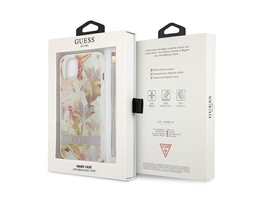 Capa rígida roxa/roxa com estampa de flores Guess GUHCP13SHFLSU para iPhone 13 mini 5.4".
