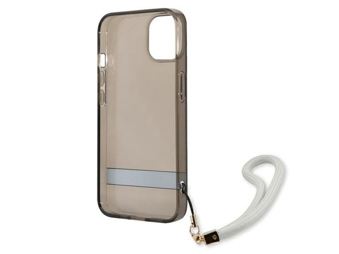 Funda rígida translúcida Guess GUHCP13SHTSGSK para iPhone 13 mini de 5,4" en color negro/negro.
