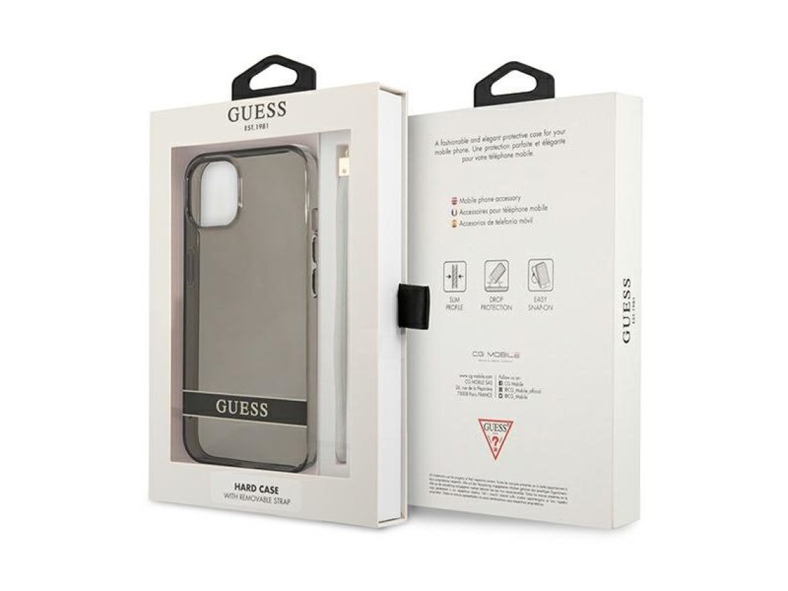 Funda rígida translúcida Guess GUHCP13SHTSGSK para iPhone 13 mini de 5,4" en color negro/negro.