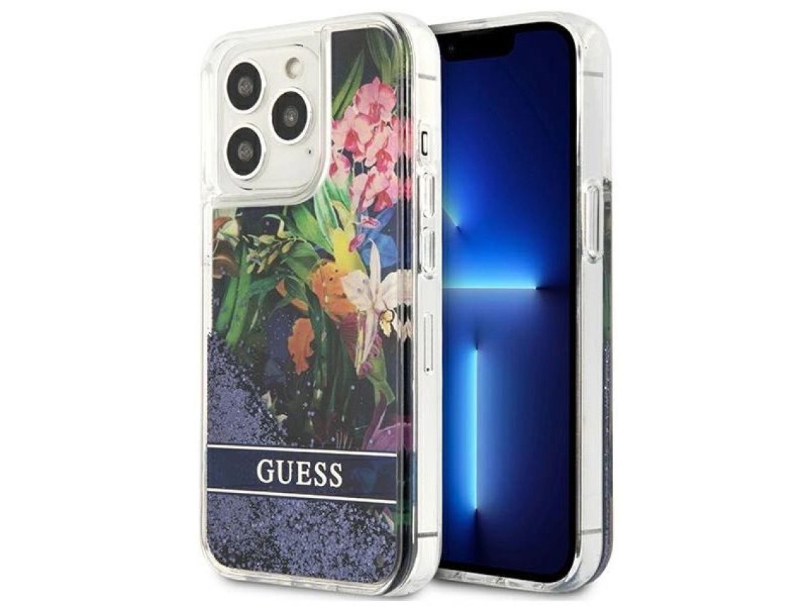 Capa rígida azul/azul Guess GUHCP13LLFLSB para iPhone 13 Pro / 13 de 6,1" com glitter líquido floral