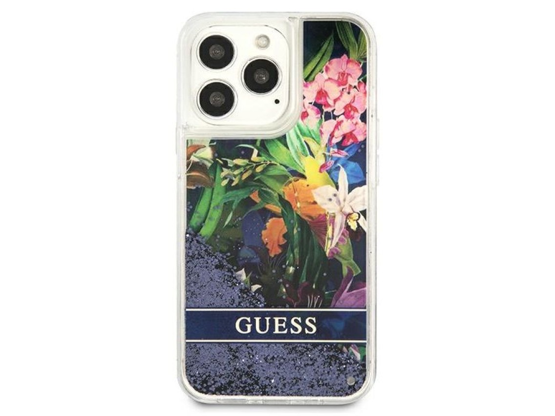 Capa rígida azul/azul Guess GUHCP13LLFLSB para iPhone 13 Pro / 13 de 6,1" com glitter líquido floral