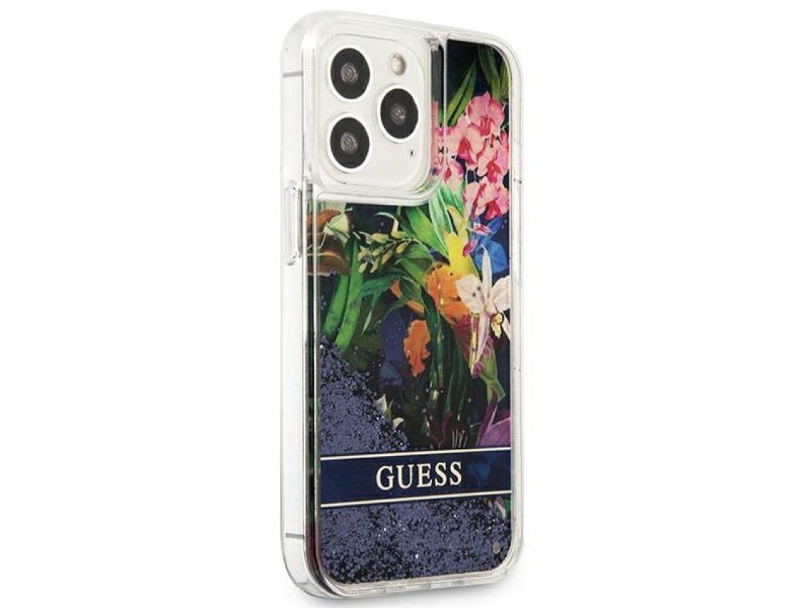 Capa rígida azul/azul Guess GUHCP13LLFLSB para iPhone 13 Pro / 13 de 6,1" com glitter líquido floral