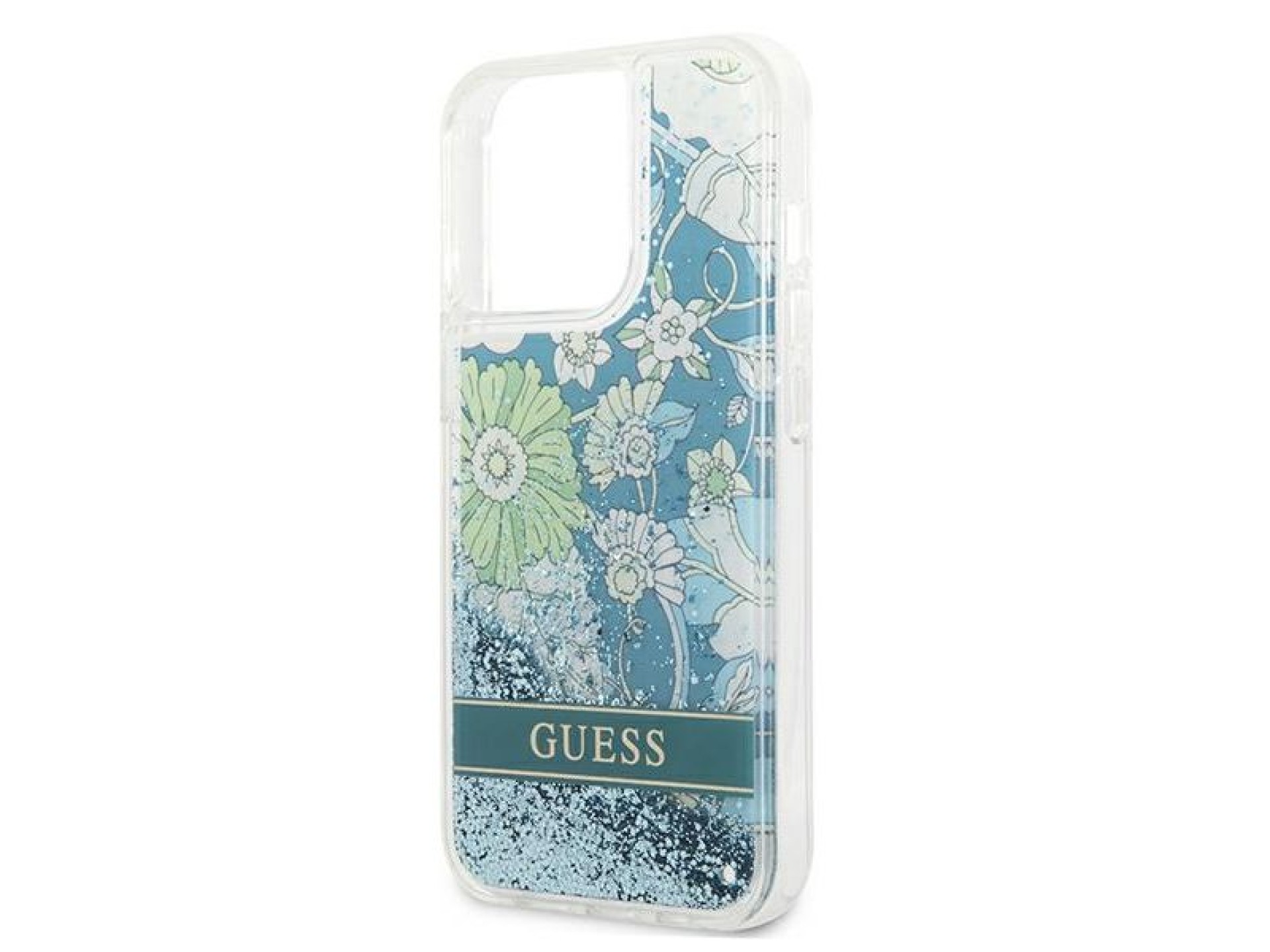 Capa rígida verde/verde com glitter líquido floral Guess GUHCP13LLFLSN para iPhone 13 Pro / 13 de 6,