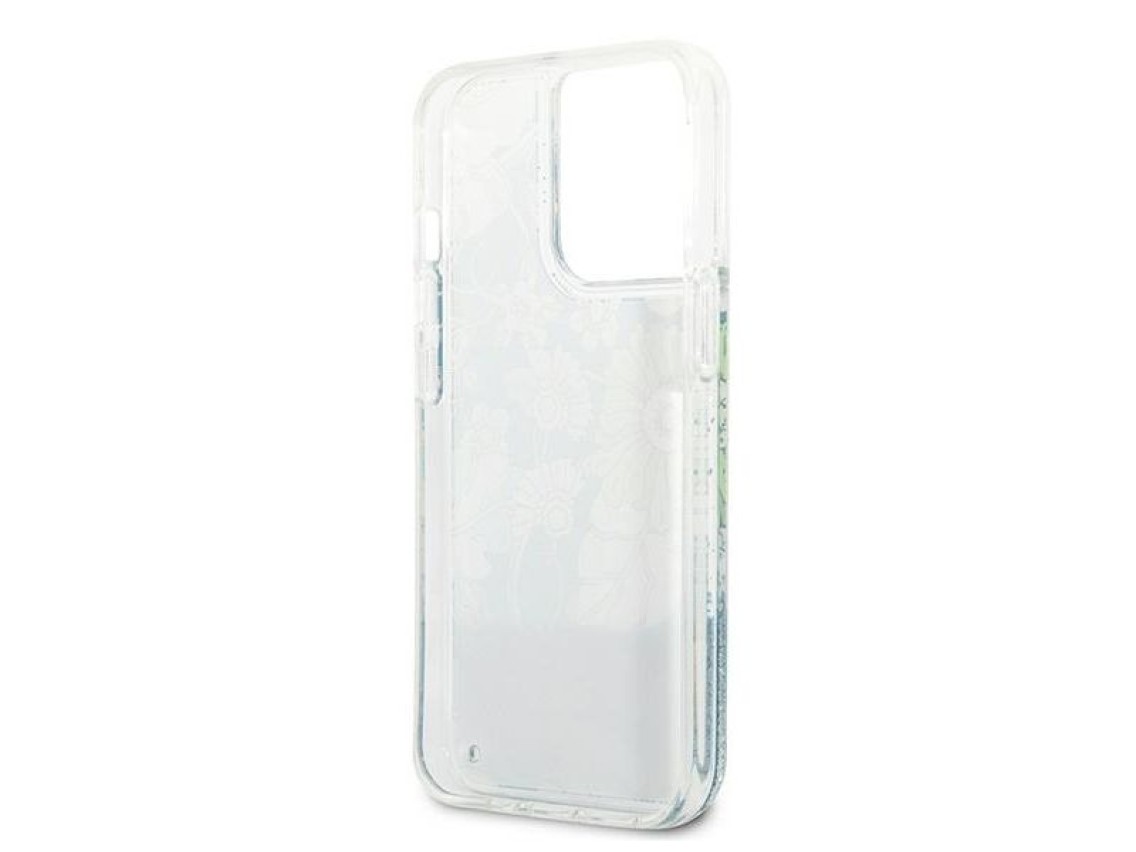 Capa rígida verde/verde com glitter líquido floral Guess GUHCP13LLFLSN para iPhone 13 Pro / 13 de 6,