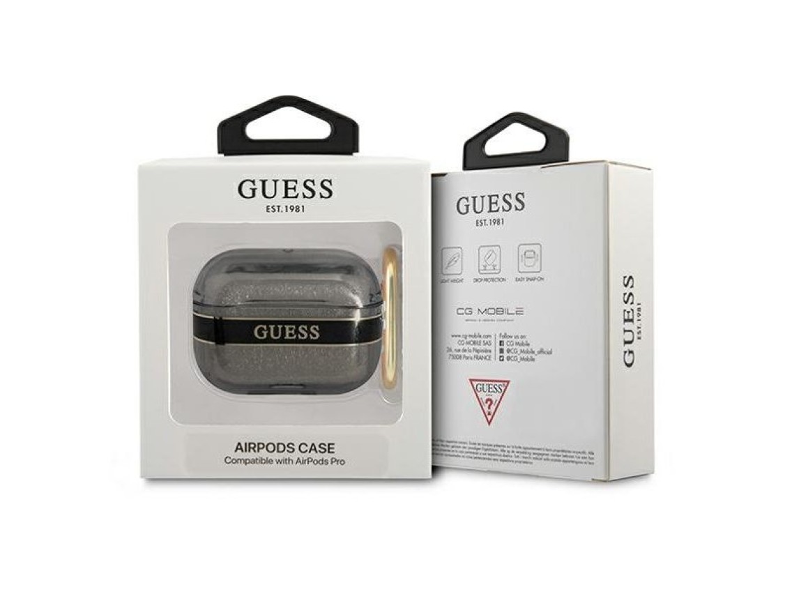 Coleção de capas Guess GUAPHHTSK para AirPods Pro, pretas com alça.