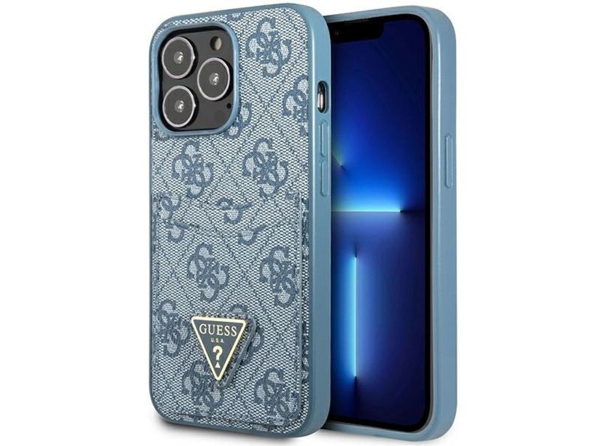 Capa Guess 4G com Logo Triangular e Compartimento para Cartões para iPhone 13 Pro / 13 - Azul