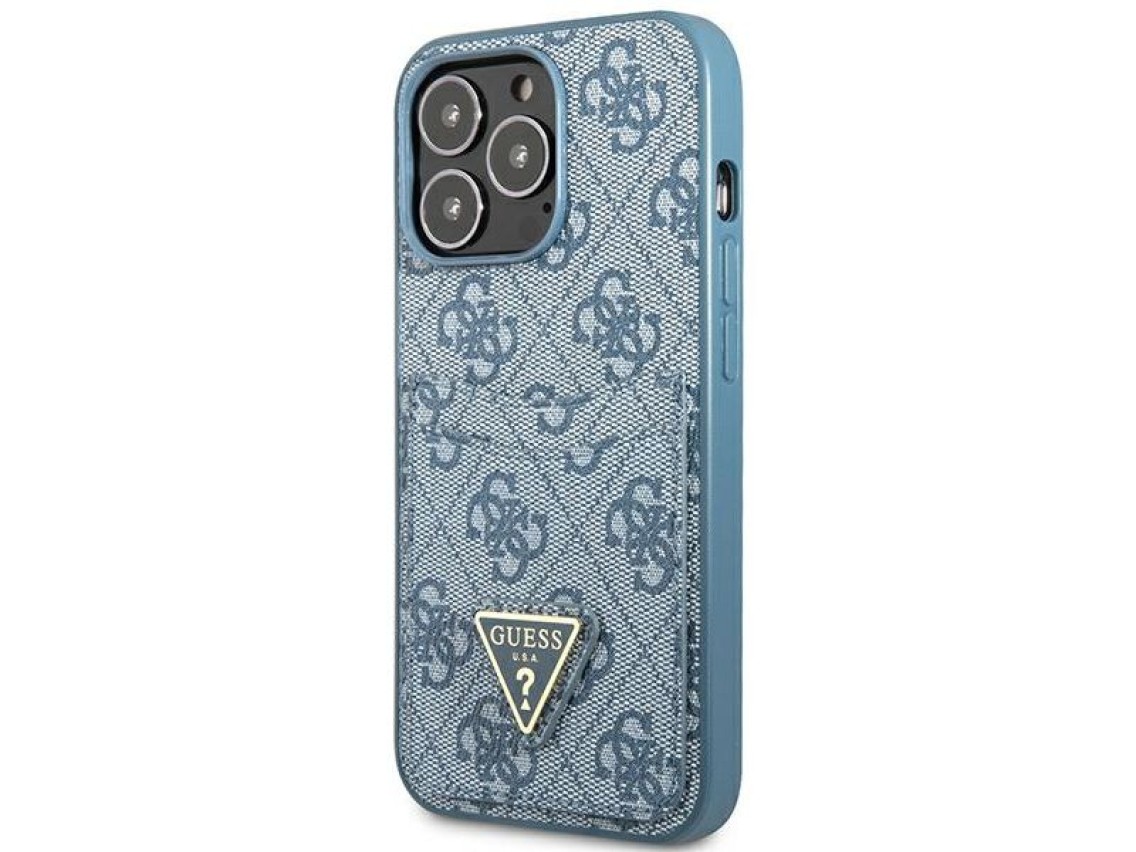 Capa Guess 4G com Logo Triangular e Compartimento para Cartões para iPhone 13 Pro / 13 - Azul