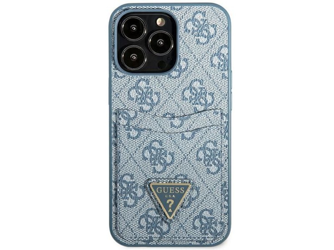 Capa Guess 4G com Logo Triangular e Compartimento para Cartões para iPhone 13 Pro / 13 - Azul