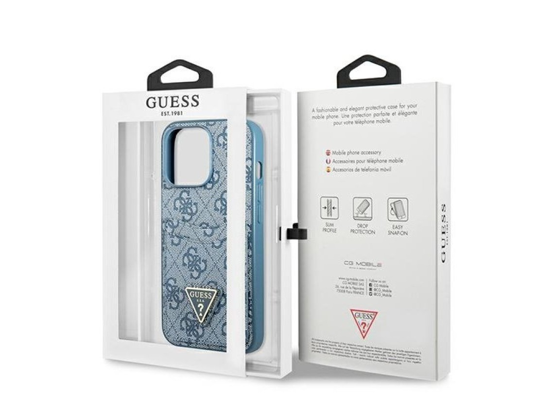 Capa Guess 4G com Logo Triangular e Compartimento para Cartões para iPhone 13 Pro / 13 - Azul