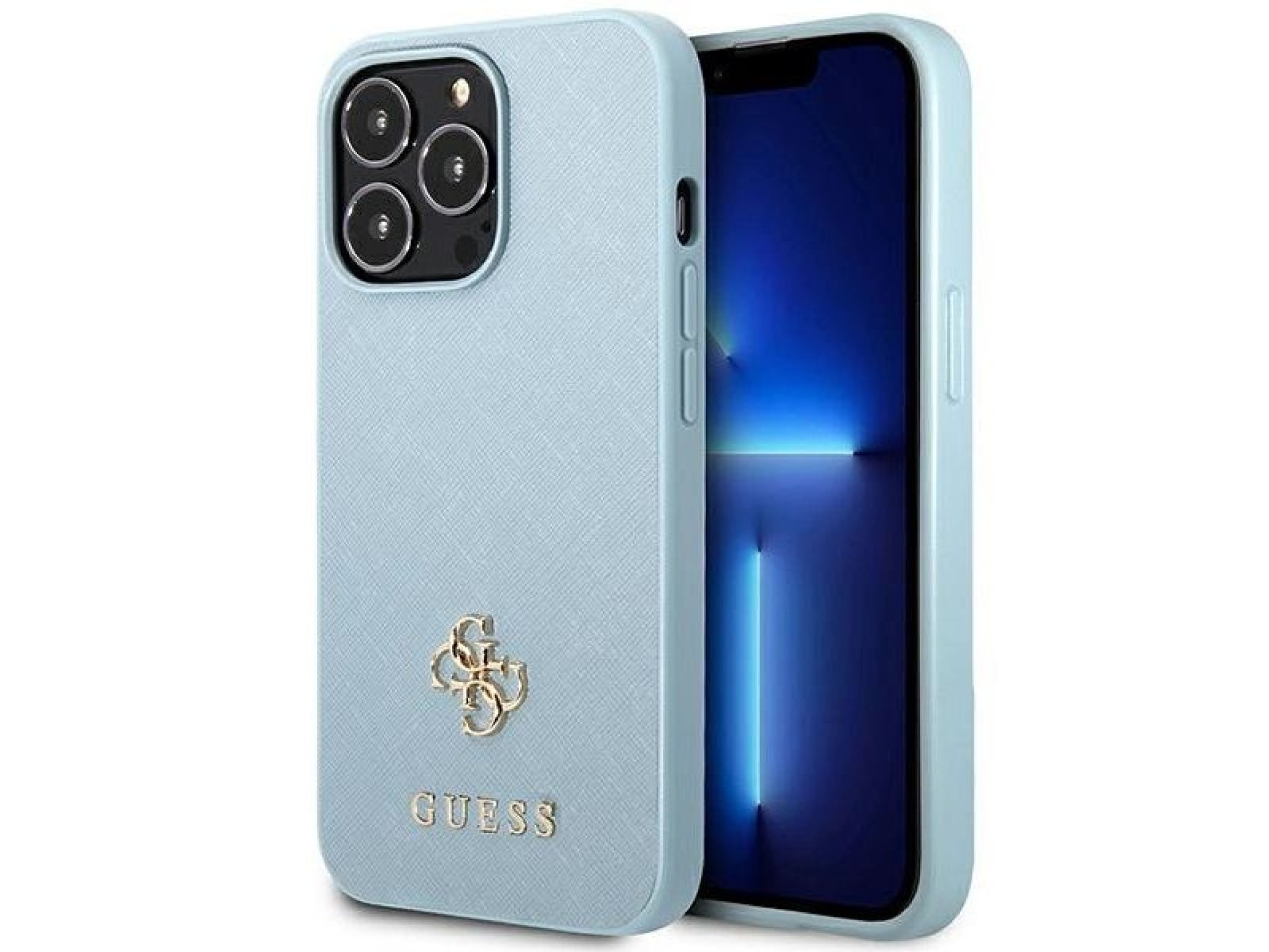 Funda Guess Saffiano 4G con logo metálico pequeño para iPhone 13 Pro / 13 - Azul