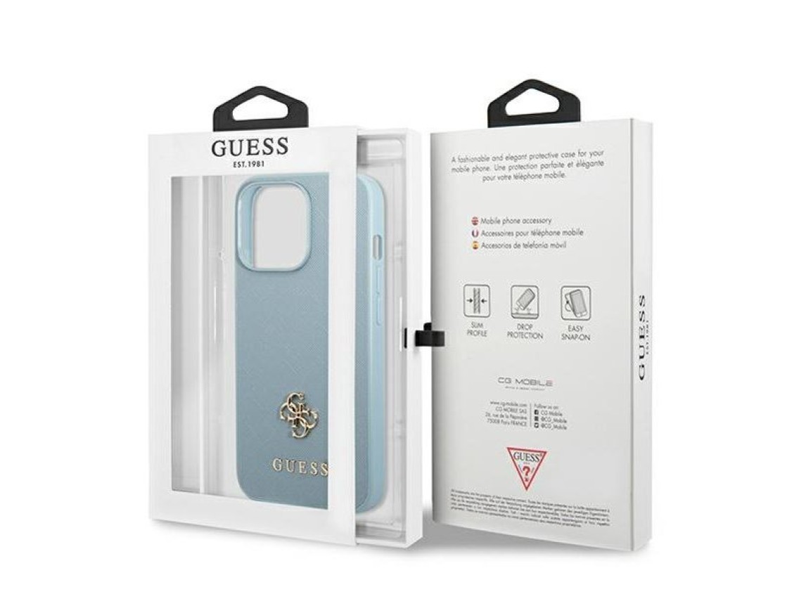 Capa Guess Saffiano 4G com logo pequeno em metal para iPhone 13 Pro Max - azul