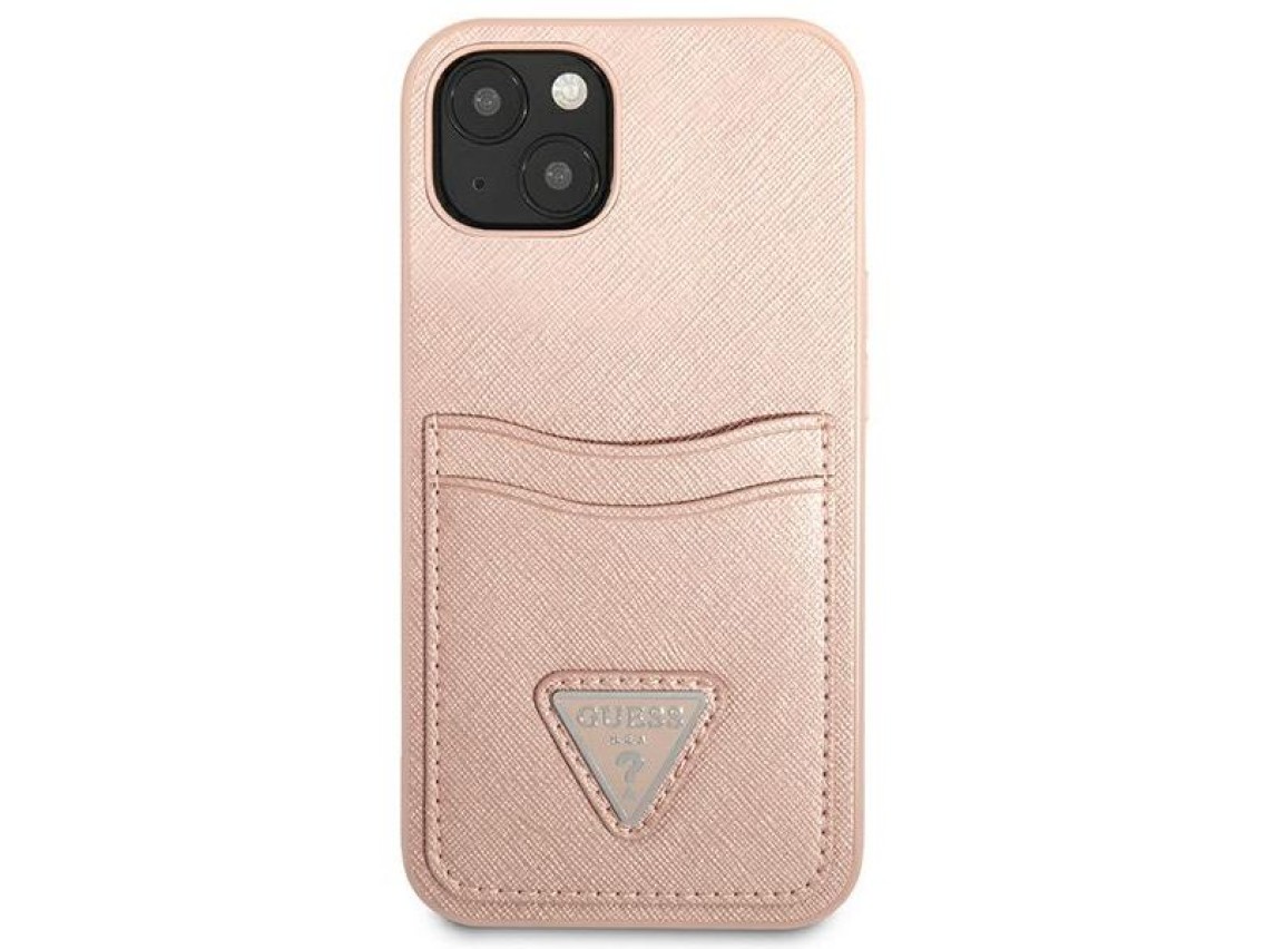 Guess GUHCP13MPSATPP iPhone 13 6.1 "rosa / capa rígida rosa Saffiano com logotipo triangular e compa