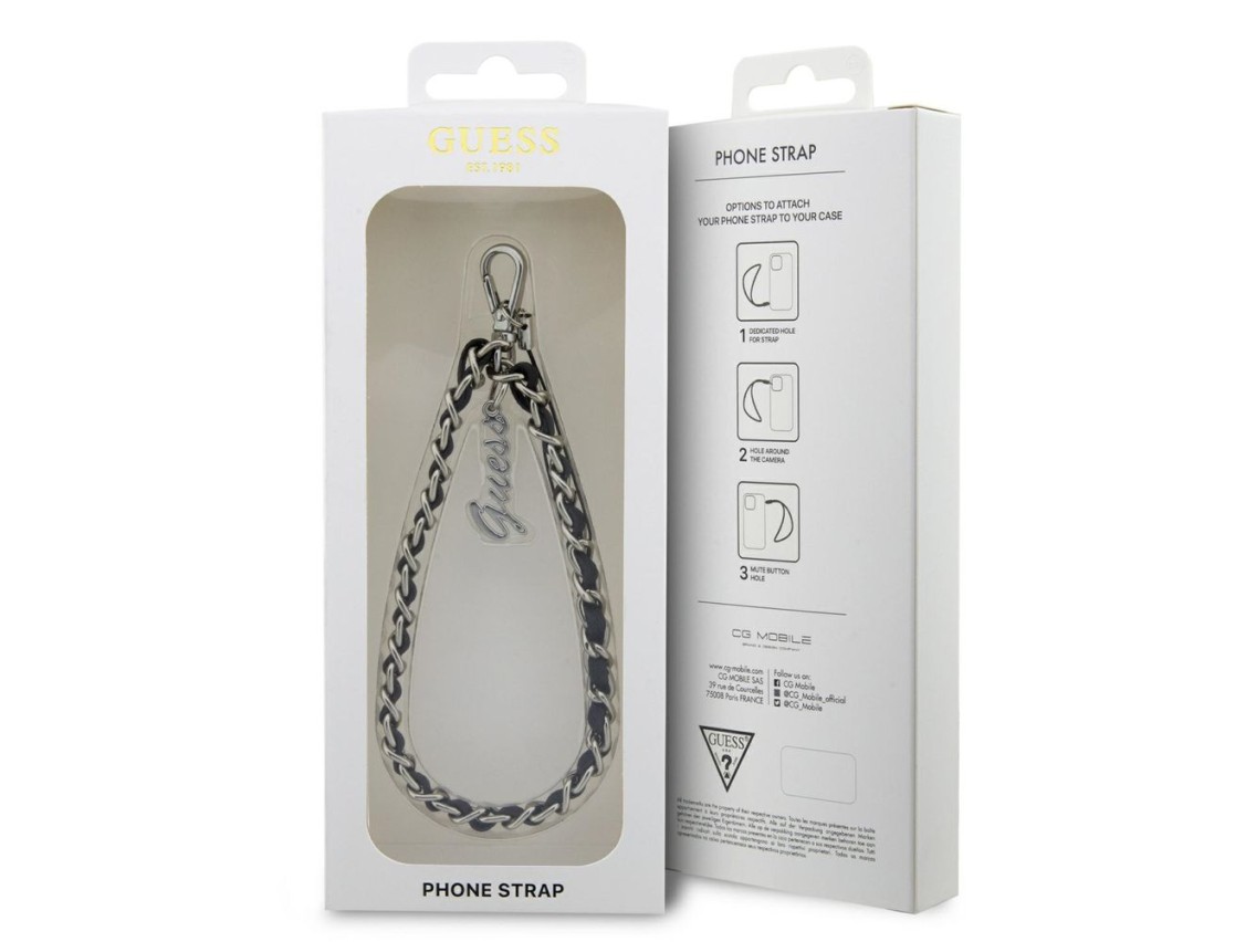 Correa para teléfono Guess GUSTSASSK, cadena negra/negra, dije metálico con logo.