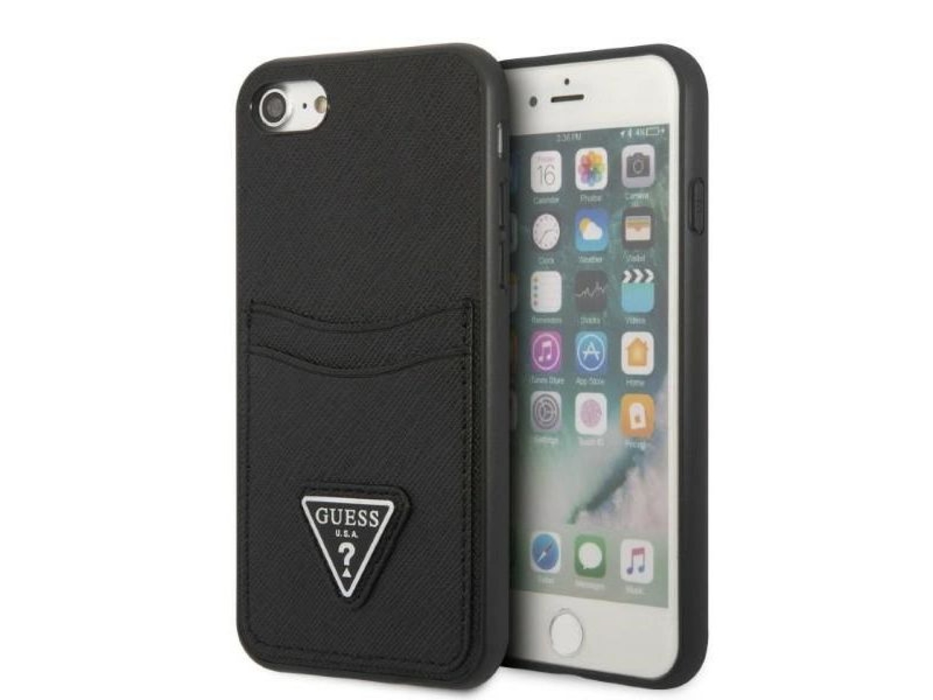 Capa rígida preta Guess GUHCI8PSATPK para iPhone 7/8 SE 2020 / SE 2022 com logo triangular em couro