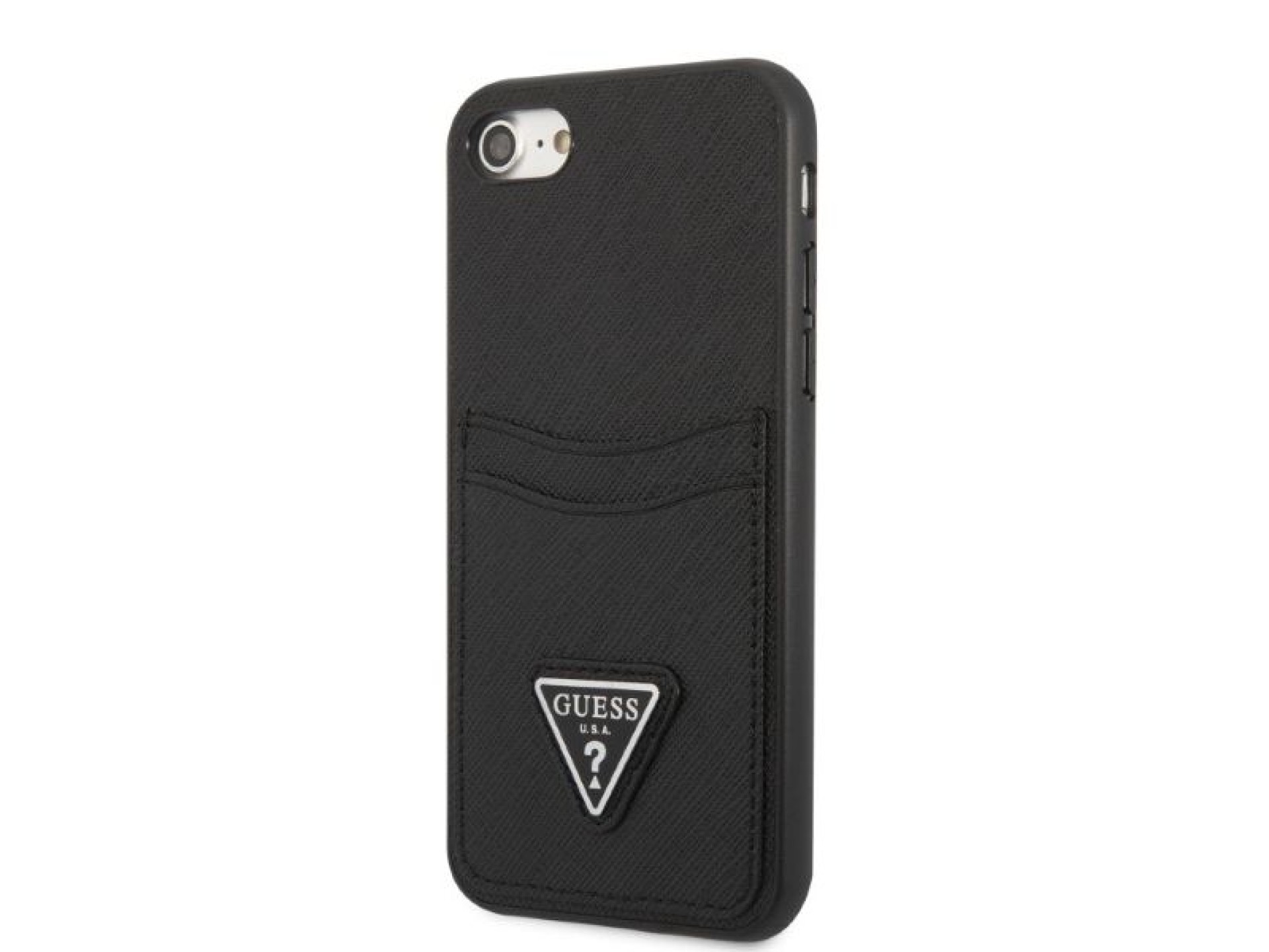 Capa rígida preta Guess GUHCI8PSATPK para iPhone 7/8 SE 2020 / SE 2022 com logo triangular em couro