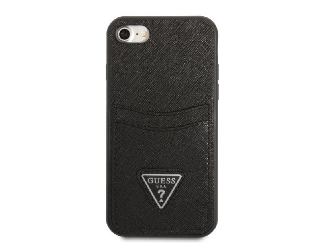 Capa rígida preta Guess GUHCI8PSATPK para iPhone 7/8 SE 2020 / SE 2022 com logo triangular em couro