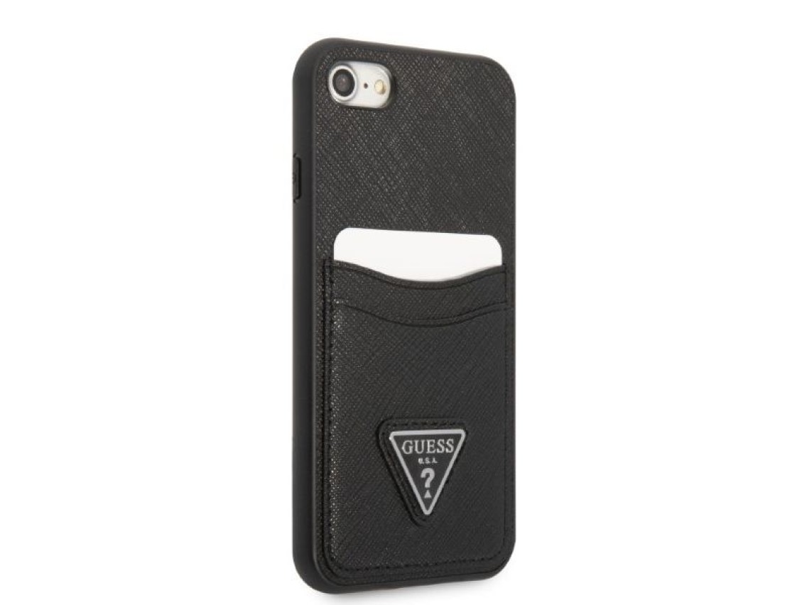 Capa rígida preta Guess GUHCI8PSATPK para iPhone 7/8 SE 2020 / SE 2022 com logo triangular em couro
