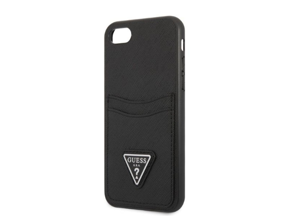 Capa rígida preta Guess GUHCI8PSATPK para iPhone 7/8 SE 2020 / SE 2022 com logo triangular em couro