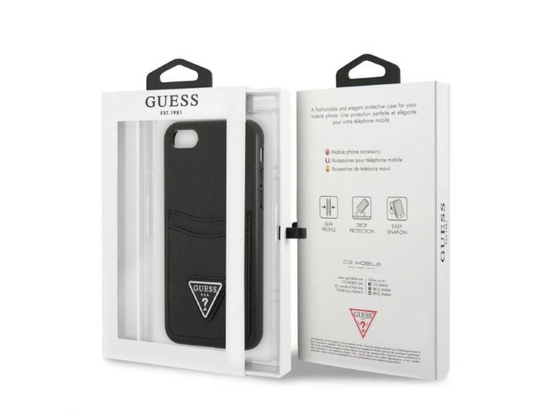 Capa rígida preta Guess GUHCI8PSATPK para iPhone 7/8 SE 2020 / SE 2022 com logo triangular em couro