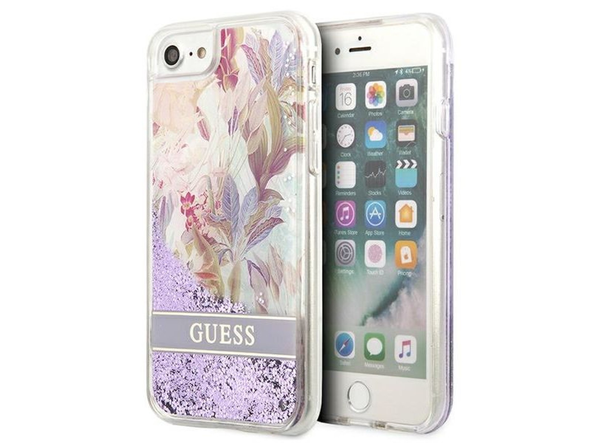 Capa Guess Flower Liquid Glitter para iPhone SE 2022 / SE 2020 / 7 / 8 - roxa