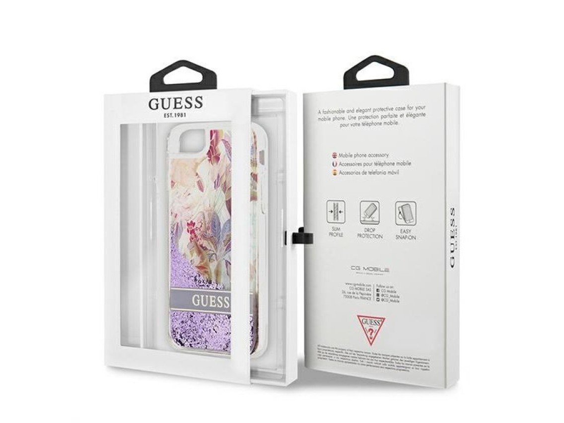 Capa Guess Flower Liquid Glitter para iPhone SE 2022 / SE 2020 / 7 / 8 - roxa