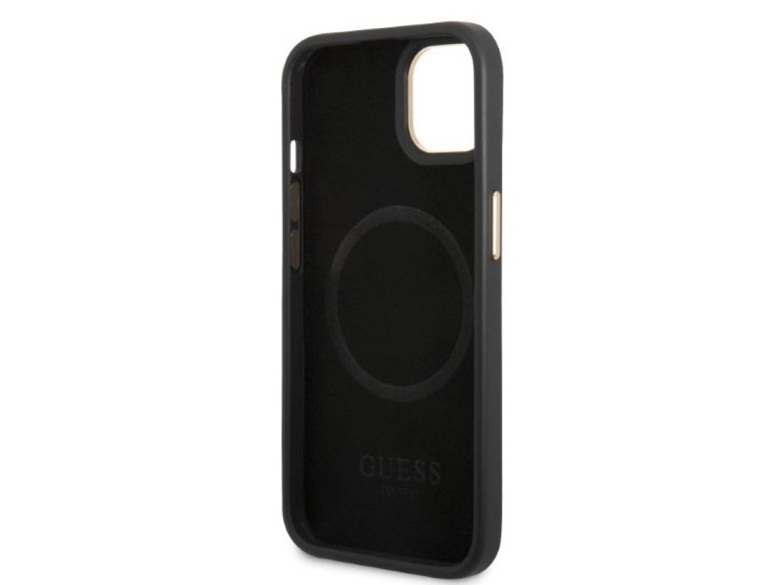 Capa rígida preta/preta Guess GUHMP13MSAPSTK para iPhone 13 de 6,1 polegadas com placa MagSafe e log