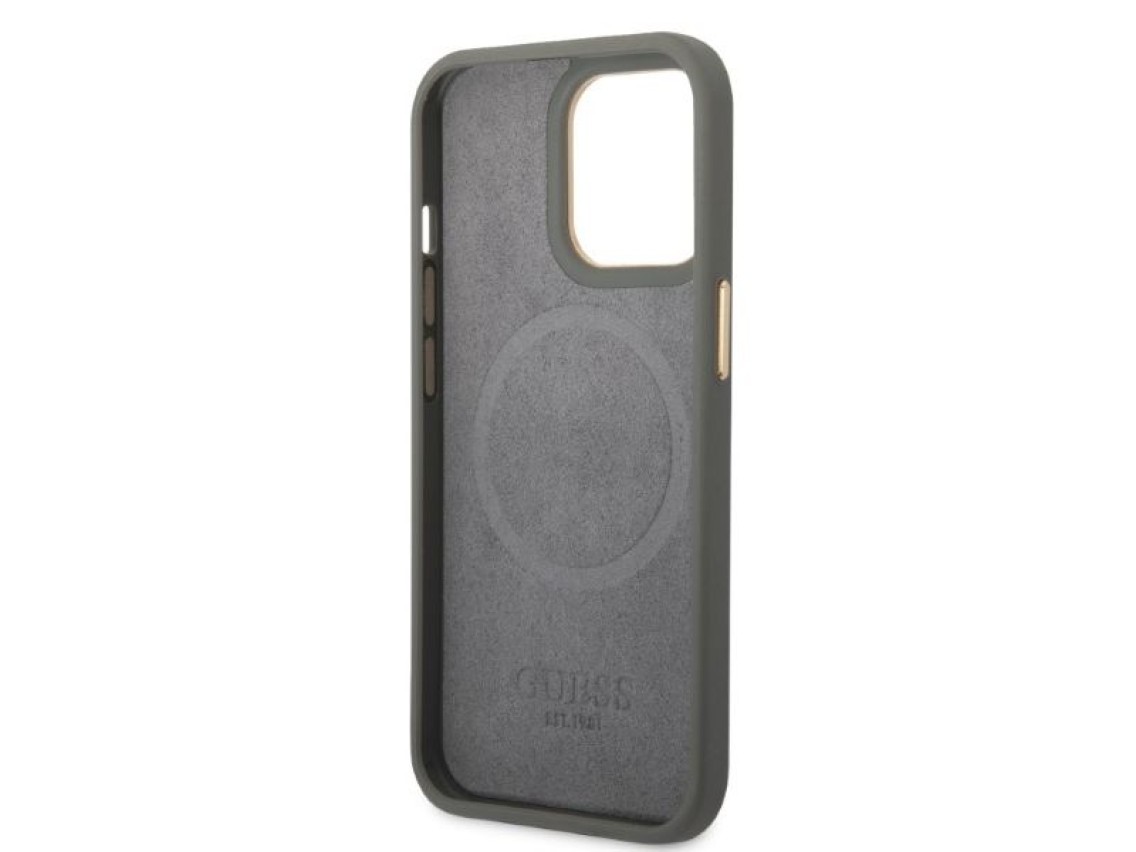 Capa rígida cinza/cinza Guess GUHMP13XSAPSTG para iPhone 13 Pro Max 6.7" com placa de logotipo Peony