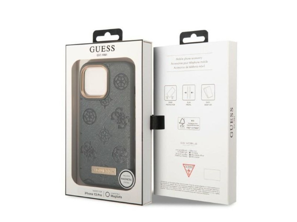 Capa rígida cinza/cinza Guess GUHMP13XSAPSTG para iPhone 13 Pro Max 6.7" com placa de logotipo Peony