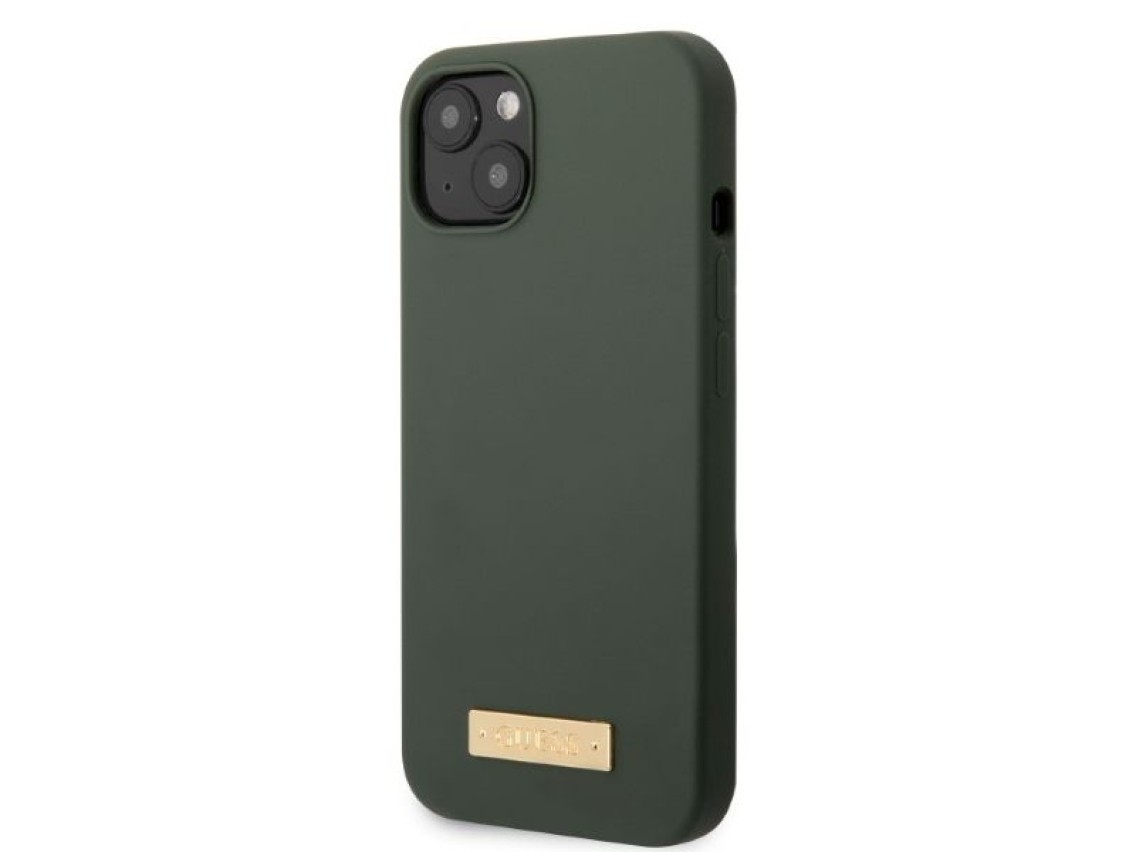 Capa rígida Guess GUHMP13MSBPLA para iPhone 13 de 6,1" nas cores verde/cáqui, com placa de silicone