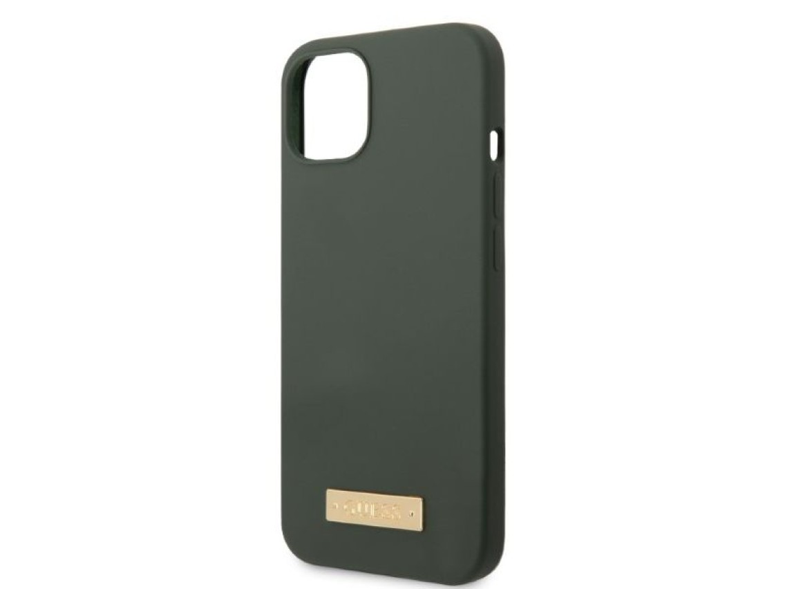Capa rígida Guess GUHMP13MSBPLA para iPhone 13 de 6,1" nas cores verde/cáqui, com placa de silicone