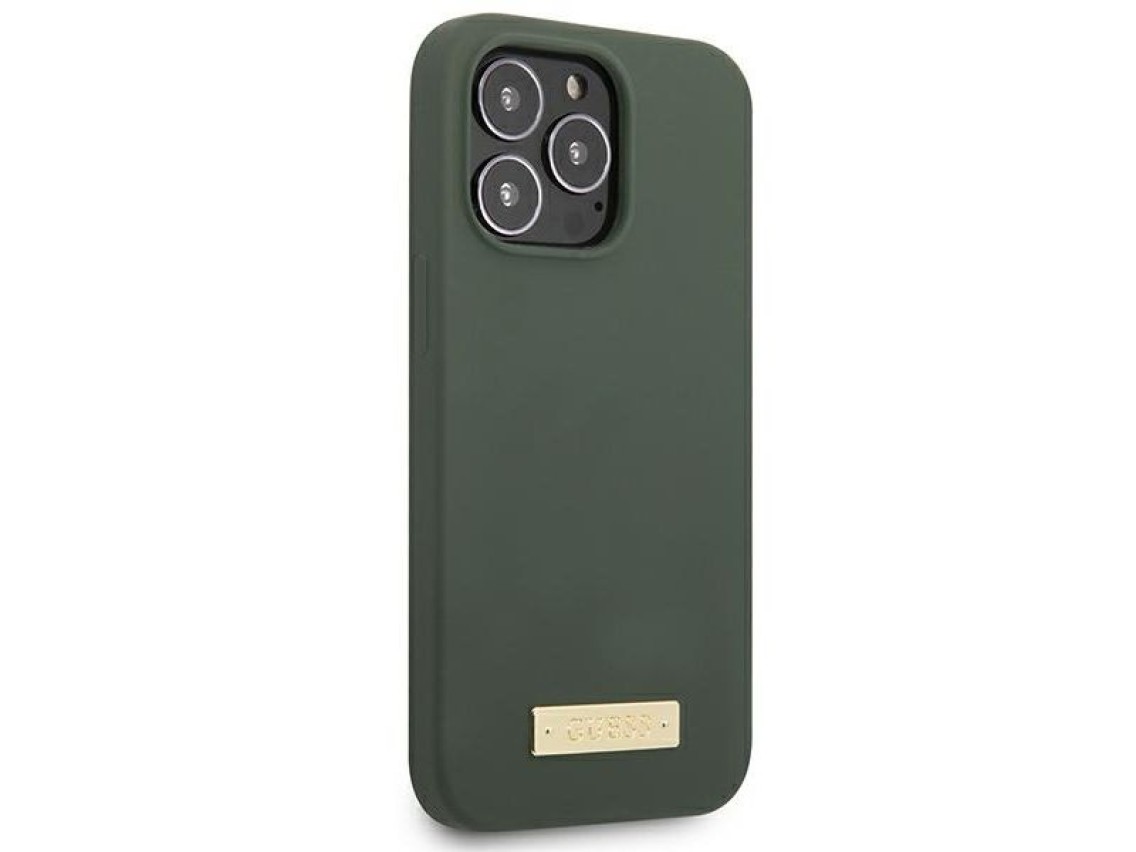 Funda Guess de silicona con logo y placa MagSafe para iPhone 13 Pro / iPhone 13 - verde