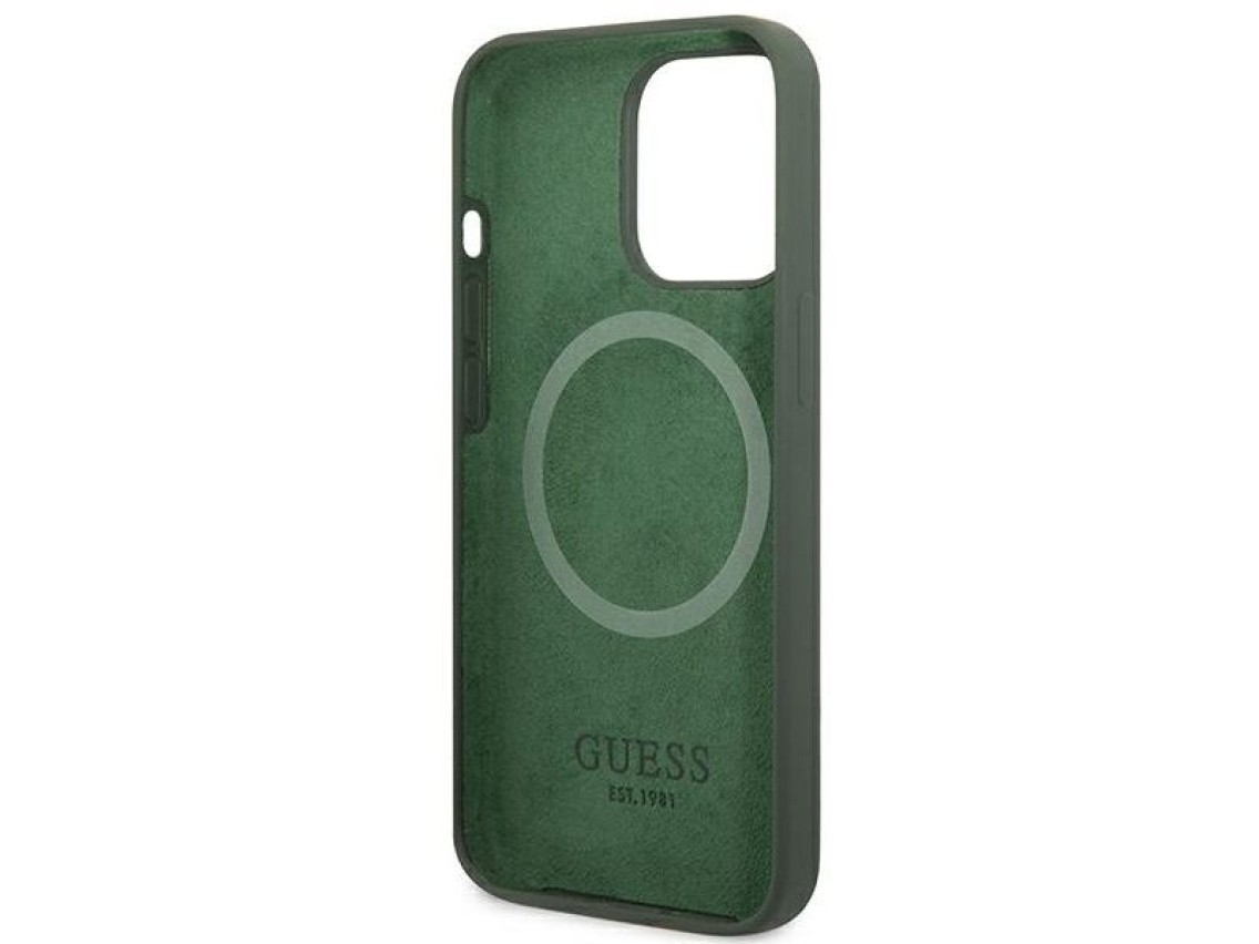 Funda rígida Guess GUHMP13XSPLA para iPhone 13 Pro Max de 6,7" en color verde/caqui, con placa de si