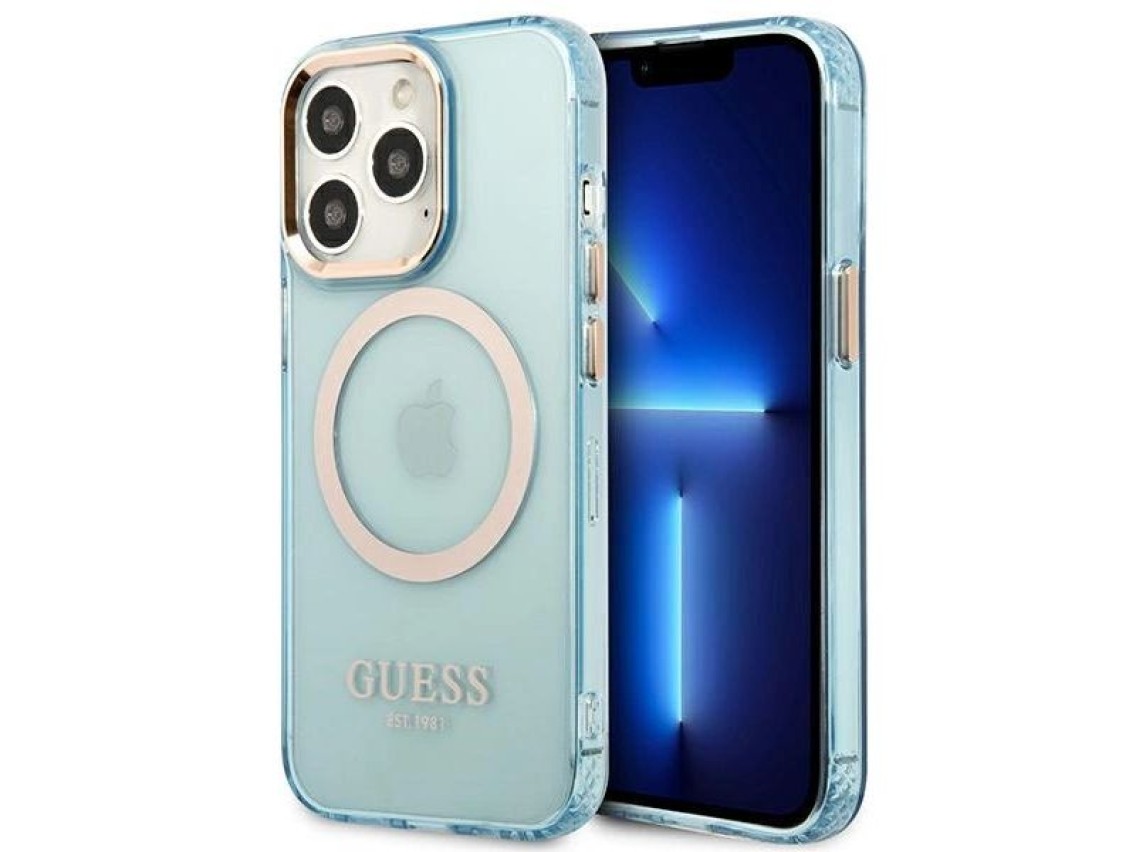 Funda translúcida Guess Gold Outline MagSafe para iPhone 13 Pro / iPhone 13 - azul