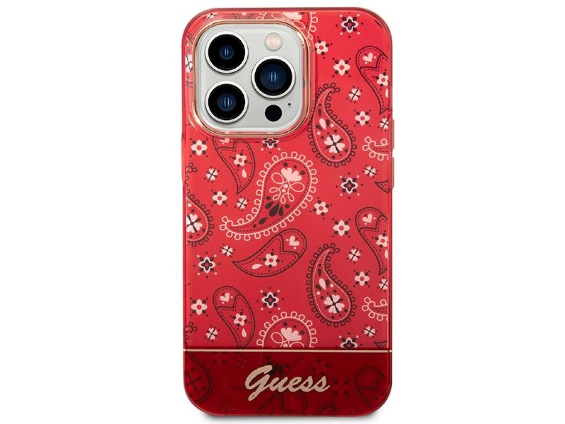 Funda rígida Guess GUHCP14LHGBNHR para iPhone 14 Pro de 6,1" roja/roja con estampado de bandana y ca