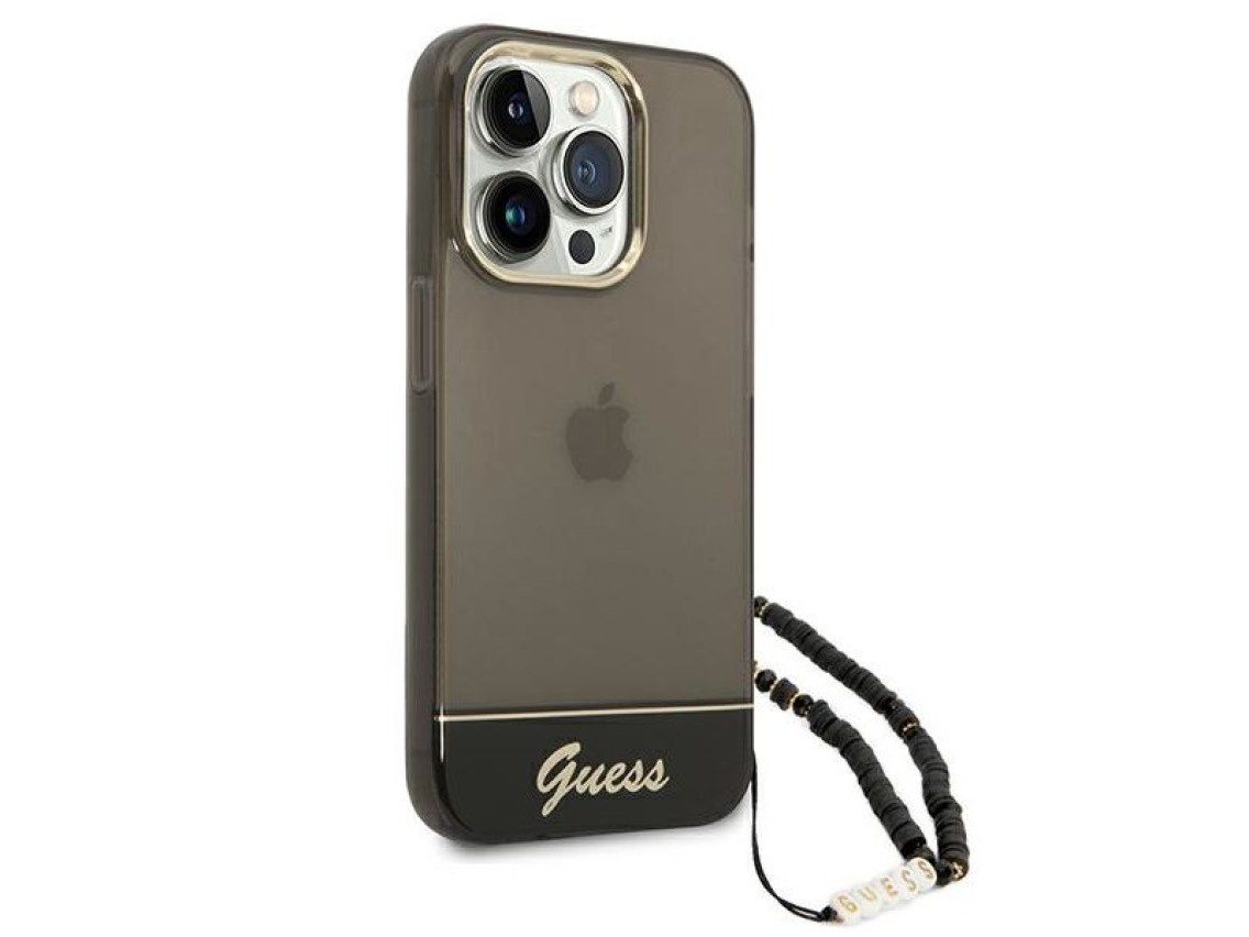 Funda Guess translúcida con correa color perla para iPhone 14 Pro - Negra