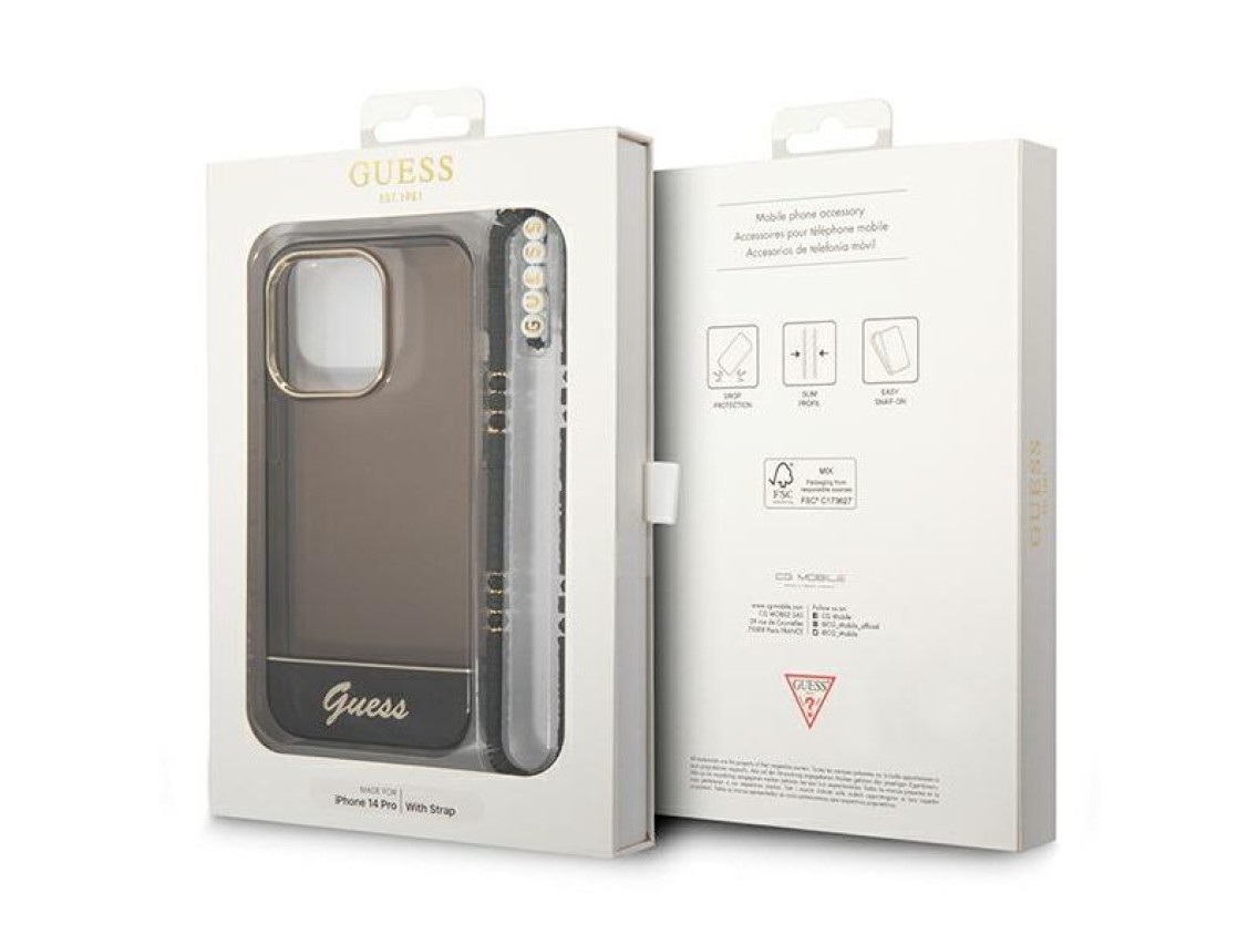 Funda Guess translúcida con correa color perla para iPhone 14 Pro - Negra