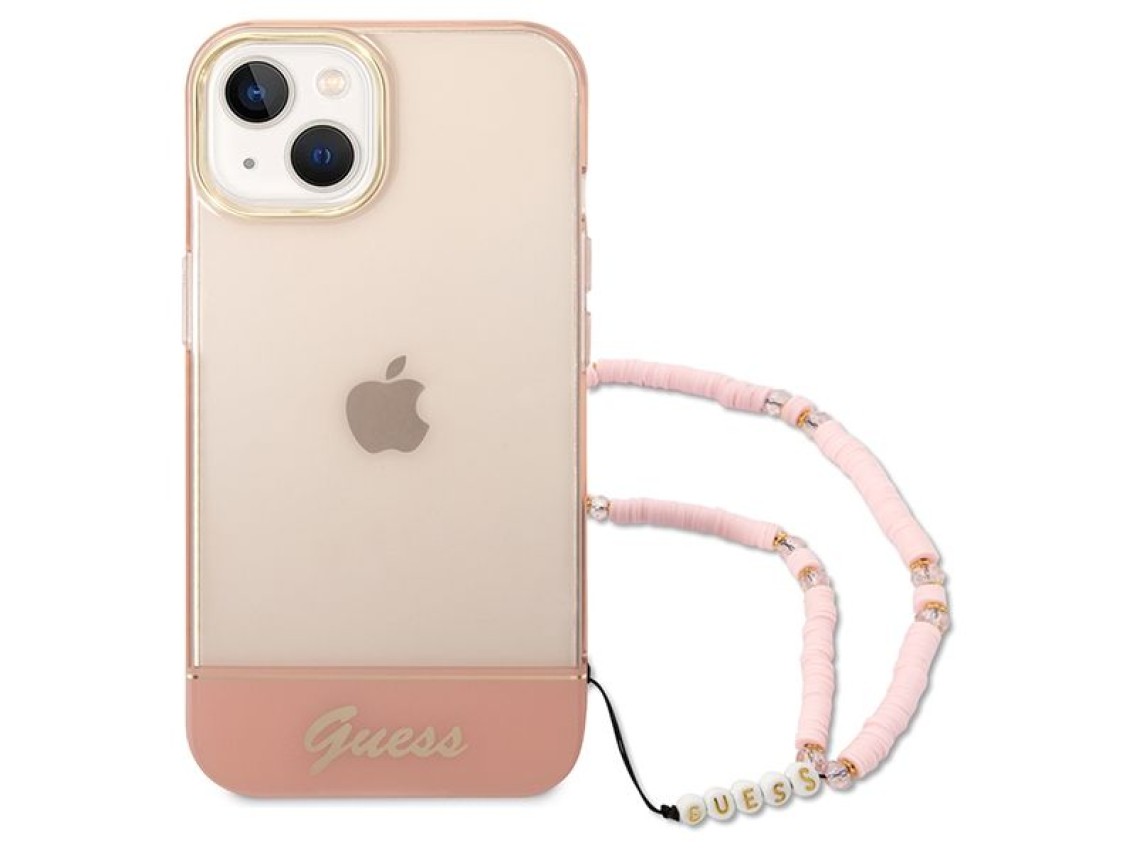 Funda rígida rosa/rosa para iPhone 14 Plus de 6,7" de Guess GUHCP14MHGCOHP con correa de perlas tran