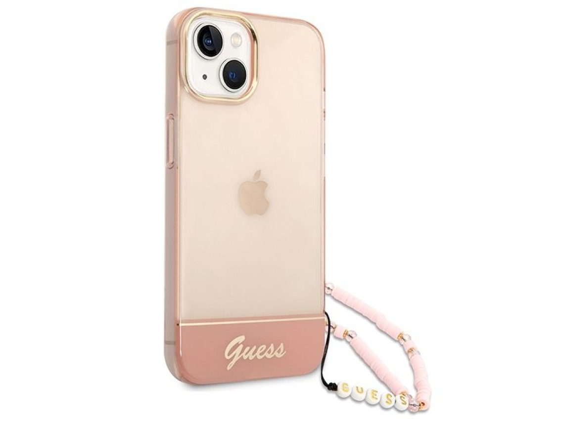 Funda rígida rosa/rosa para iPhone 14 Plus de 6,7" de Guess GUHCP14MHGCOHP con correa de perlas tran