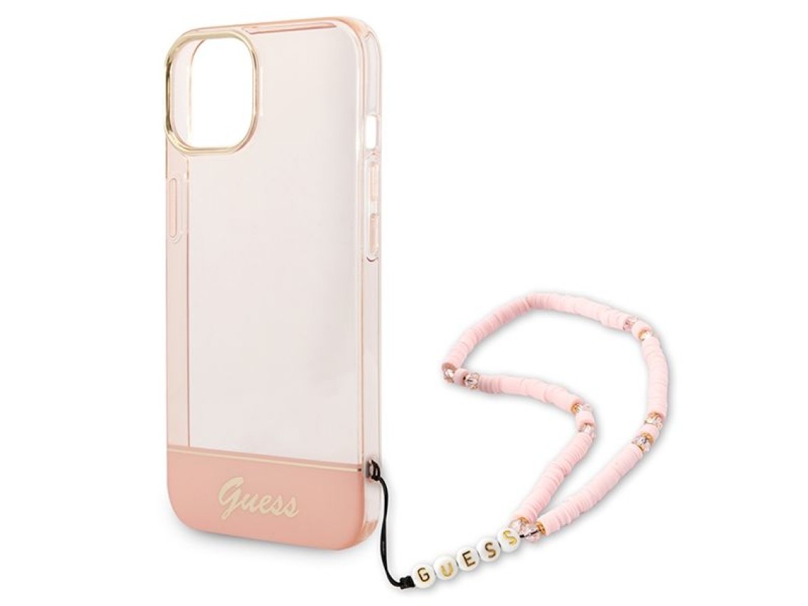 Funda rígida rosa/rosa para iPhone 14 Plus de 6,7" de Guess GUHCP14MHGCOHP con correa de perlas tran