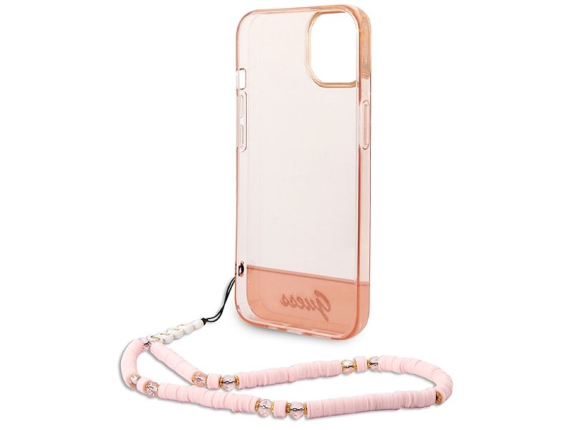 Funda rígida rosa/rosa para iPhone 14 Plus de 6,7" de Guess GUHCP14MHGCOHP con correa de perlas tran