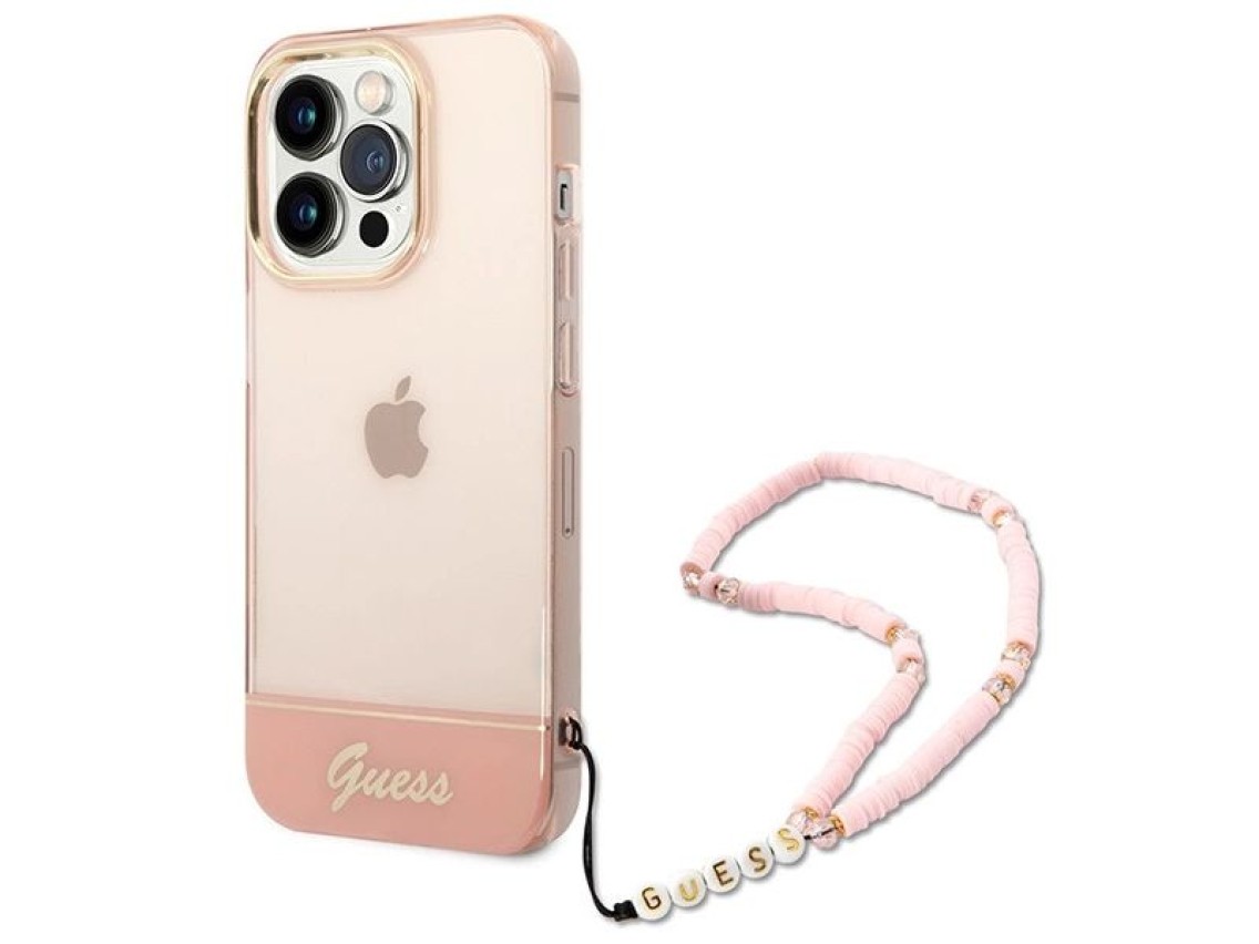 Capa rígida rosa/rosa com alça perolada translúcida Guess GUHCP14LHGCOHP para iPhone 14 Pro de 6,1 p