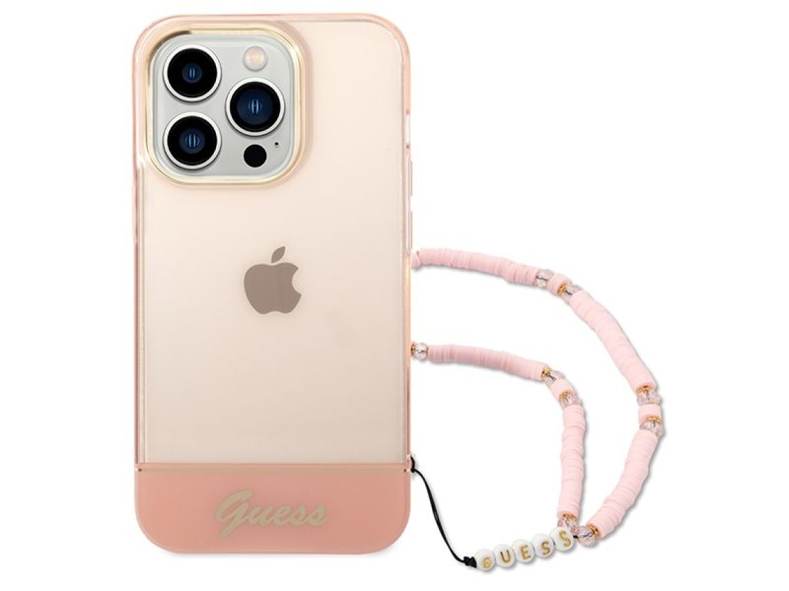 Capa rígida rosa/rosa com alça perolada translúcida Guess GUHCP14LHGCOHP para iPhone 14 Pro de 6,1 p