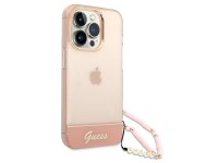 Capa rígida rosa/rosa com alça perolada translúcida Guess GUHCP14LHGCOHP para iPhone 14 Pro de 6,1 p Capa rígida rosa/rosa com alça perolada translúcida Guess GUHCP14LHGCOHP para iPhone 14 Pro de 6,1 p