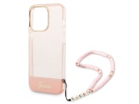 Capa rígida rosa/rosa com alça perolada translúcida Guess GUHCP14LHGCOHP para iPhone 14 Pro de 6,1 p Capa rígida rosa/rosa com alça perolada translúcida Guess GUHCP14LHGCOHP para iPhone 14 Pro de 6,1 p