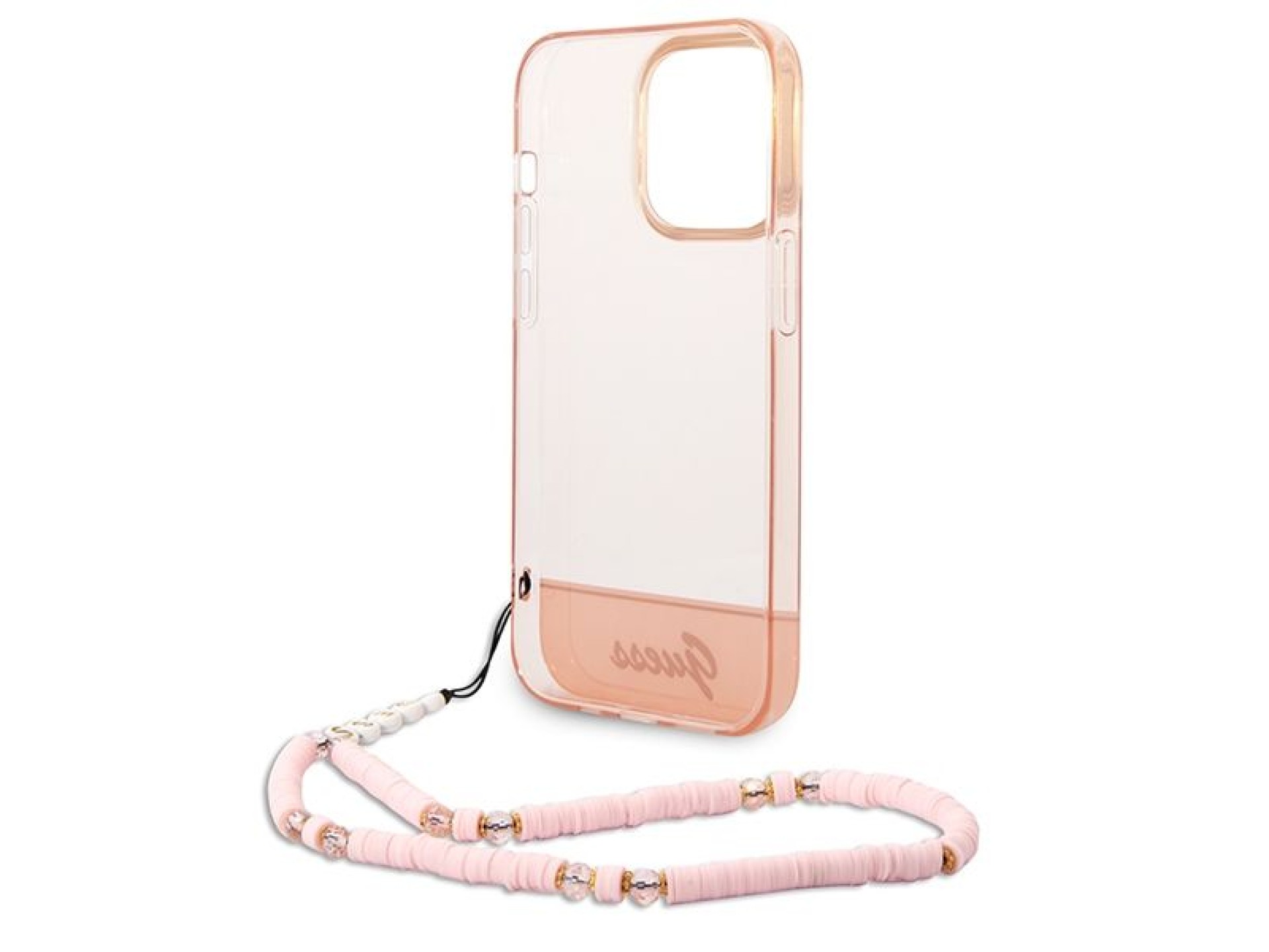 Capa rígida rosa/rosa com alça perolada translúcida Guess GUHCP14LHGCOHP para iPhone 14 Pro de 6,1 p