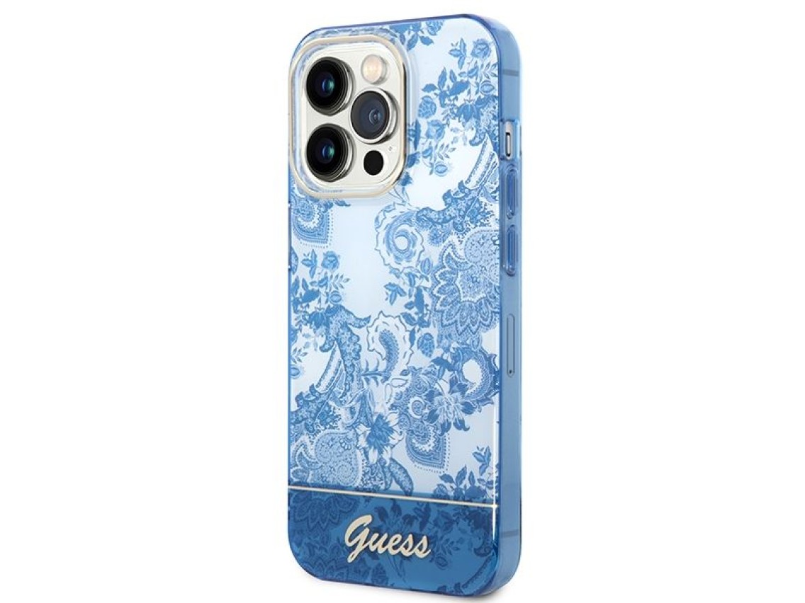 Capa rígida azul/azul Guess GUHCP14XHGPLHB para iPhone 14 Pro Max 6.7" Coleção Porcelana