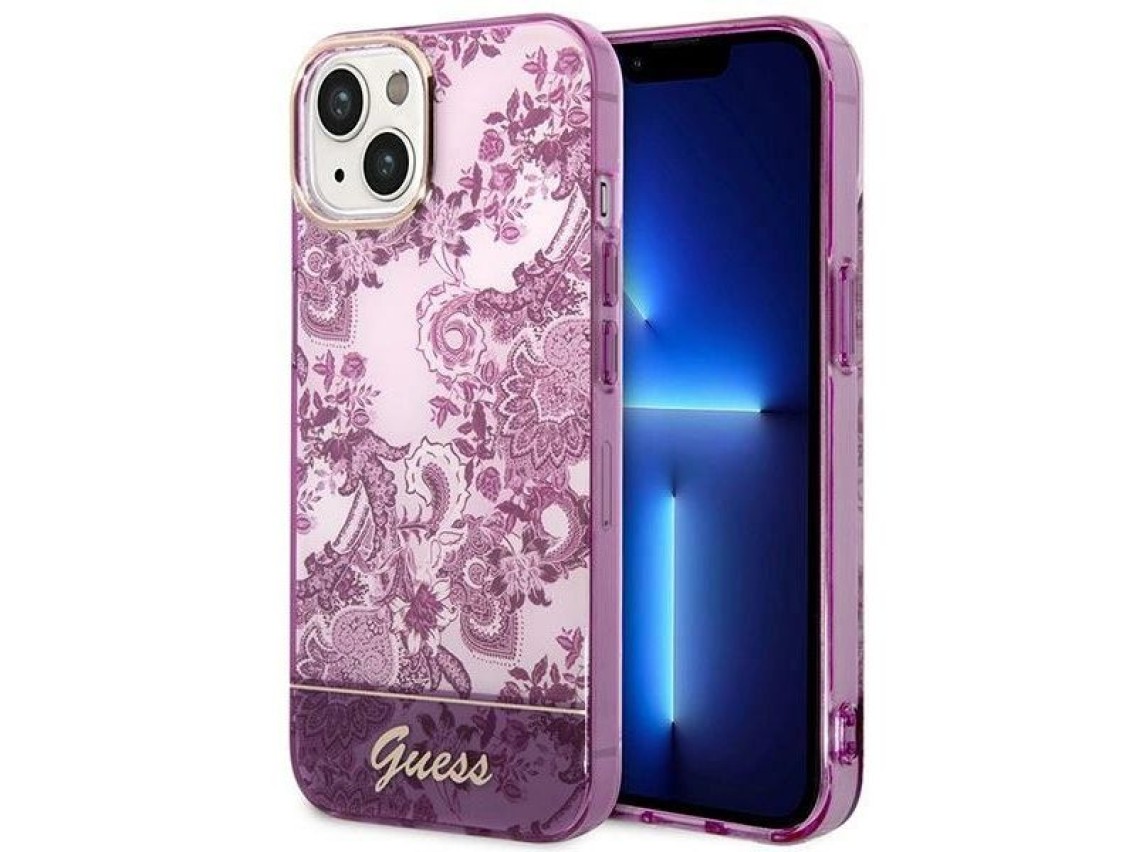 Capa rígida Guess GUHCP14MHGPLHF para iPhone 14 Plus de 6,7" na cor fúcsia, coleção Porcelain.