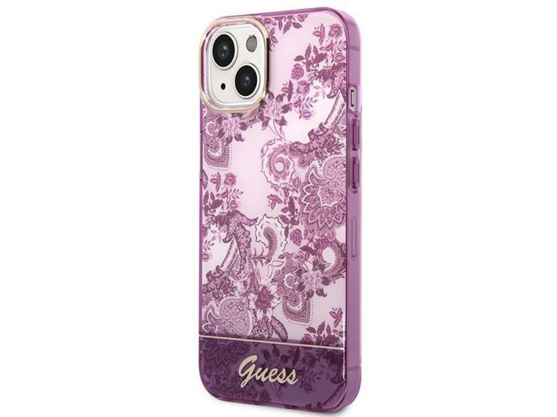 Capa rígida Guess GUHCP14MHGPLHF para iPhone 14 Plus de 6,7" na cor fúcsia, coleção Porcelain.