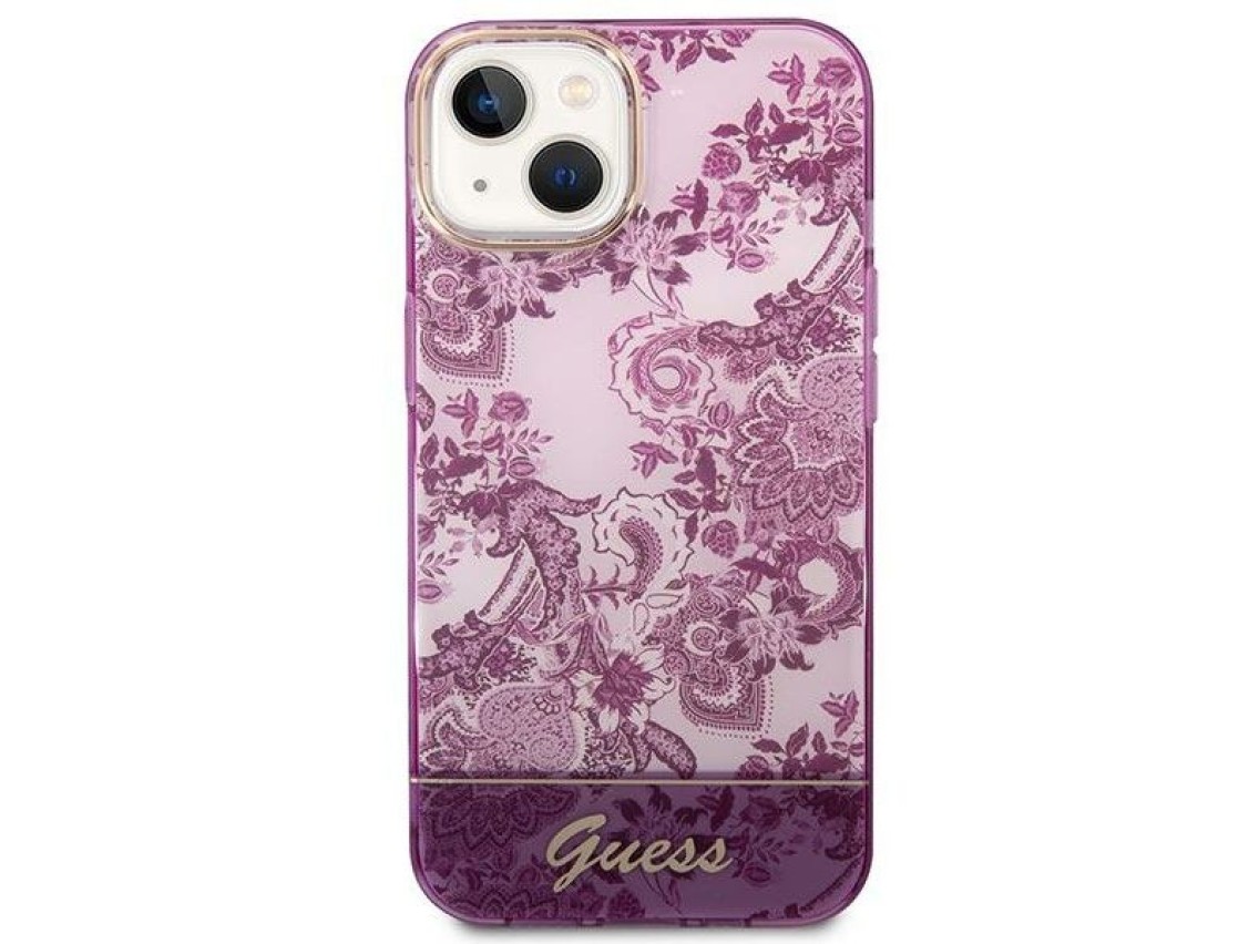 Capa rígida Guess GUHCP14MHGPLHF para iPhone 14 Plus de 6,7" na cor fúcsia, coleção Porcelain.