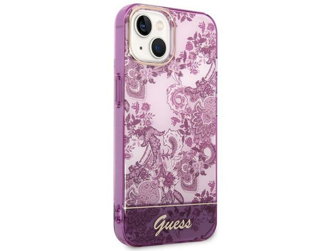 Capa rígida Guess GUHCP14MHGPLHF para iPhone 14 Plus de 6,7" na cor fúcsia, coleção Porcelain.